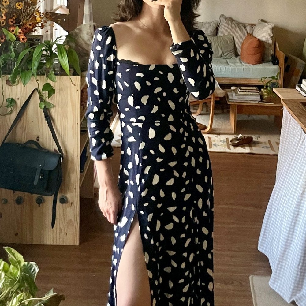 Reformation Sigmund Dress - Long Sleeve Midi Navy Dress with Slit